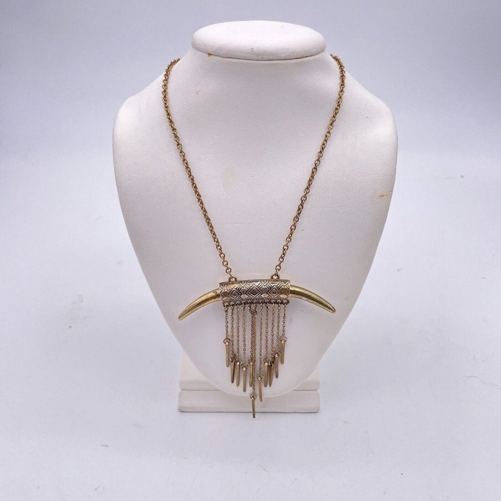 Ok1984 Bull Horn Dangle Drop Pendant Charm Necklace Gold Tone Adjustable